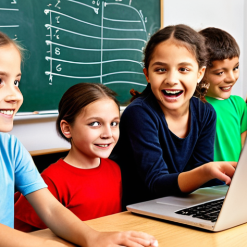 **

A bright and engaging classroom scene showing young children joyfully learning to code on laptops. The teacher, energetic and supportive, is guiding them. Include colorful visuals, age-appropriate software interfaces (like Scratch), and a positive learning environment. The style should be vibrant and inviting, like a page from a children's textbook.

**