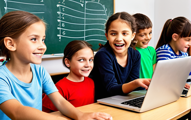 **

A bright and engaging classroom scene showing young children joyfully learning to code on laptops. The teacher, energetic and supportive, is guiding them. Include colorful visuals, age-appropriate software interfaces (like Scratch), and a positive learning environment. The style should be vibrant and inviting, like a page from a children's textbook.

**