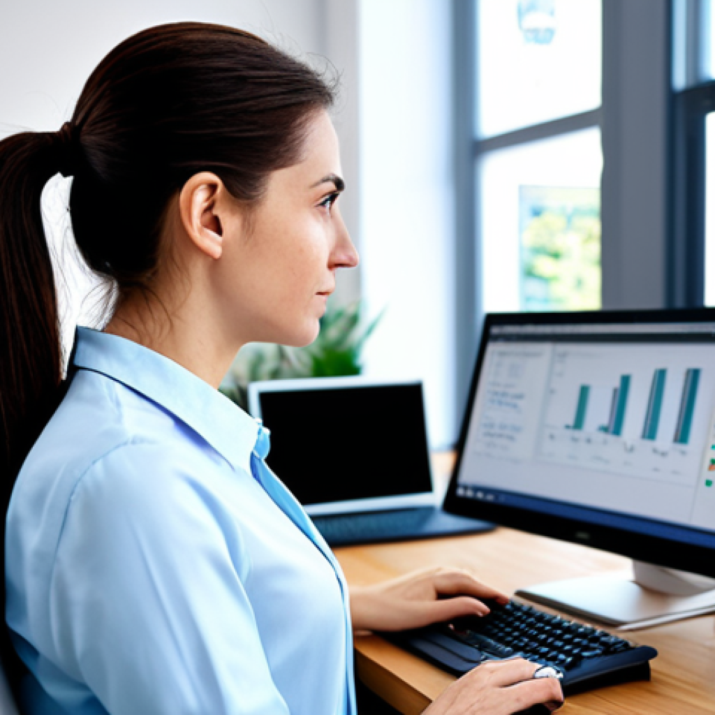 ** A professional female software engineer in a modern office setting, fully clothed in a modest business casual outfit (e.g., blouse and slacks), working at a computer with multiple monitors. The background includes blurred office colleagues and plants. Proper finger count, perfect anatomy, natural proportions, safe for work, appropriate content, professional.

**