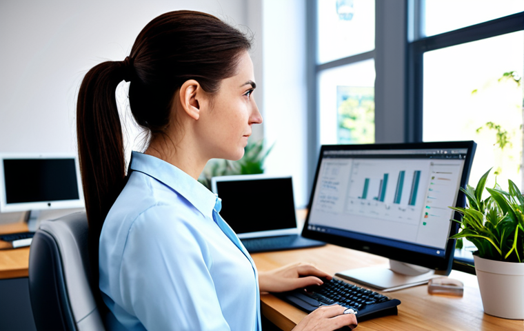 ** A professional female software engineer in a modern office setting, fully clothed in a modest business casual outfit (e.g., blouse and slacks), working at a computer with multiple monitors. The background includes blurred office colleagues and plants. Proper finger count, perfect anatomy, natural proportions, safe for work, appropriate content, professional.

**