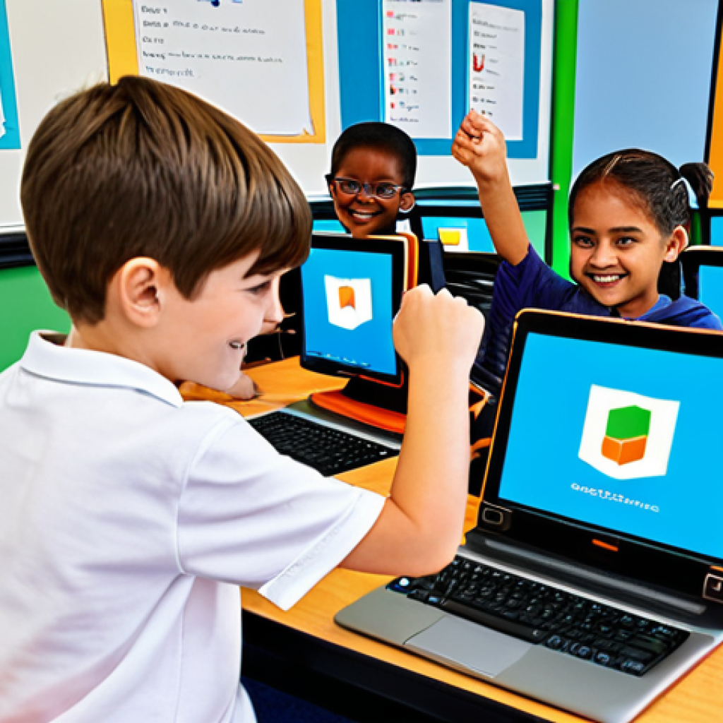 Gamified Coding Environment**

"A vibrant, playful scene depicting children (ages 8-12) enthusiastically engaged in a coding activity using Scratch. The background features colorful game elements and animated characters. The children are fully clothed in casual, comfortable attire. The setting is a bright and inviting classroom. Focus on creating a sense of fun and excitement. Perfect anatomy, correct proportions, natural pose, well-formed hands, proper finger count, natural body proportions, safe for work, appropriate content, fully clothed, family-friendly."

**