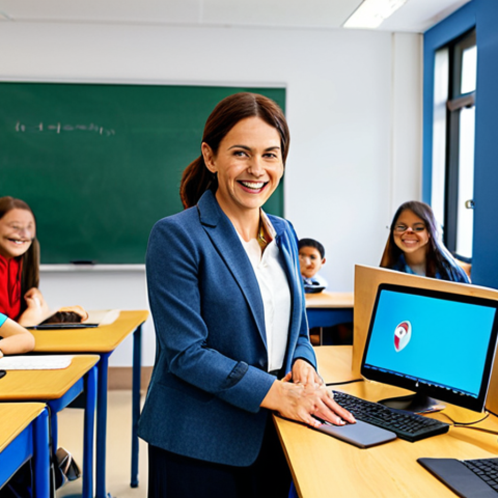**

A professional female teacher in a fully clothed, modest business casual outfit is teaching a coding class to elementary school students. The classroom is bright and modern, filled with computers and colorful learning materials. Everyone is smiling and engaged. Safe for work, appropriate content, perfect anatomy, natural proportions, well-formed hands, proper finger count, family-friendly.

**