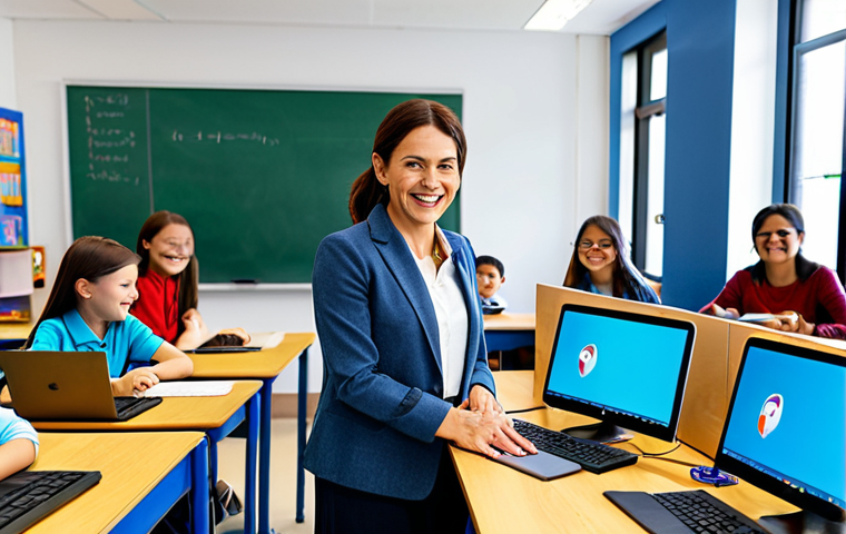 **

A professional female teacher in a fully clothed, modest business casual outfit is teaching a coding class to elementary school students. The classroom is bright and modern, filled with computers and colorful learning materials. Everyone is smiling and engaged. Safe for work, appropriate content, perfect anatomy, natural proportions, well-formed hands, proper finger count, family-friendly.

**