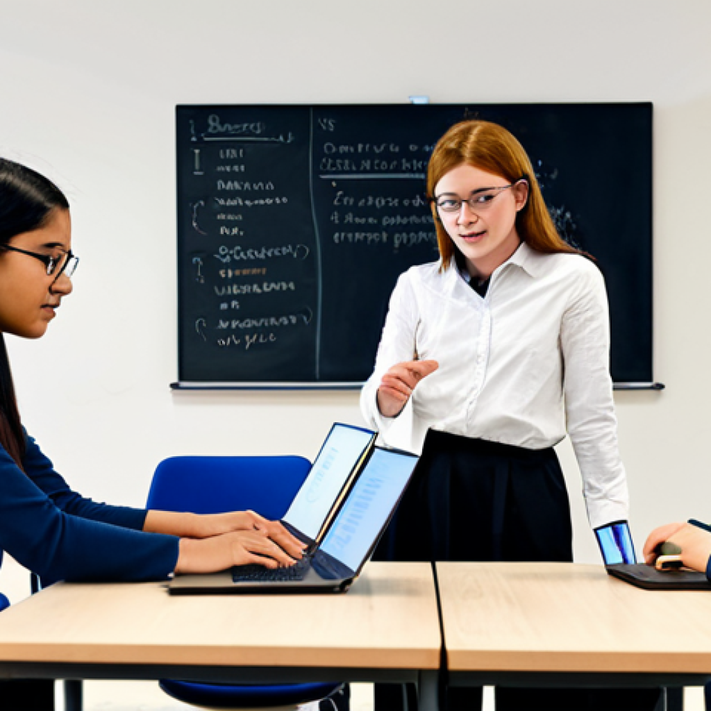 **

A professional and modest classroom setting featuring a coding education instructor guiding students. Students are attentively working on laptops, fully clothed in appropriate attire. The scene emphasizes a positive and encouraging learning environment with visible coding examples on a whiteboard. Include elements that suggest problem-solving and skill-building. Perfect anatomy, correct proportions, natural pose, well-formed hands, proper finger count, natural body proportions, safe for work, appropriate content, fully clothed, professional, family-friendly.

**