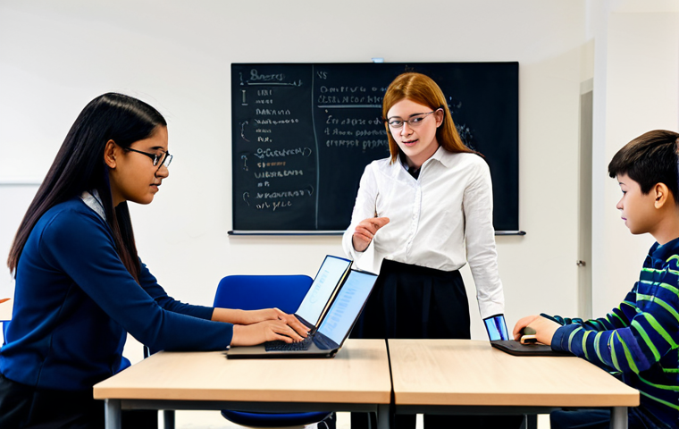 **

A professional and modest classroom setting featuring a coding education instructor guiding students. Students are attentively working on laptops, fully clothed in appropriate attire. The scene emphasizes a positive and encouraging learning environment with visible coding examples on a whiteboard. Include elements that suggest problem-solving and skill-building. Perfect anatomy, correct proportions, natural pose, well-formed hands, proper finger count, natural body proportions, safe for work, appropriate content, fully clothed, professional, family-friendly.

**