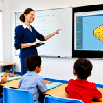 Programming Fundamentals**

A bright, inviting classroom scene. A friendly teacher (fully clothed, professional attire) is explaining code to children using visual blocks like Scratch. Code snippets (Python preferred) are displayed on a screen. Perfect anatomy, natural proportions, safe for work, appropriate content, family-friendly.

**