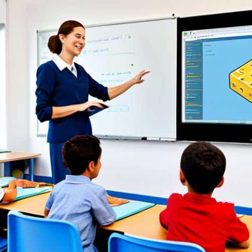 Programming Fundamentals**

A bright, inviting classroom scene. A friendly teacher (fully clothed, professional attire) is explaining code to children using visual blocks like Scratch. Code snippets (Python preferred) are displayed on a screen. Perfect anatomy, natural proportions, safe for work, appropriate content, family-friendly.

**