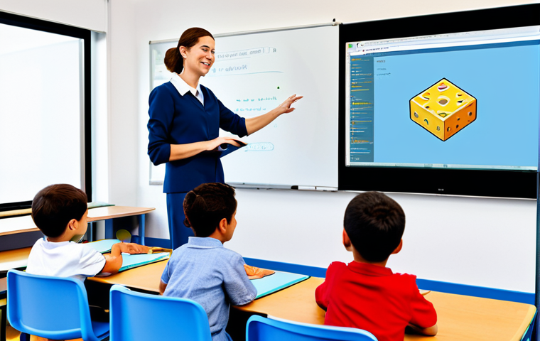 Programming Fundamentals**

A bright, inviting classroom scene. A friendly teacher (fully clothed, professional attire) is explaining code to children using visual blocks like Scratch. Code snippets (Python preferred) are displayed on a screen. Perfect anatomy, natural proportions, safe for work, appropriate content, family-friendly.

**