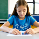 코딩교육지도사와 학습 지원 사례 - A young girl, fully clothed in a modest science-themed t-shirt and jeans, conducting a safe and simp...