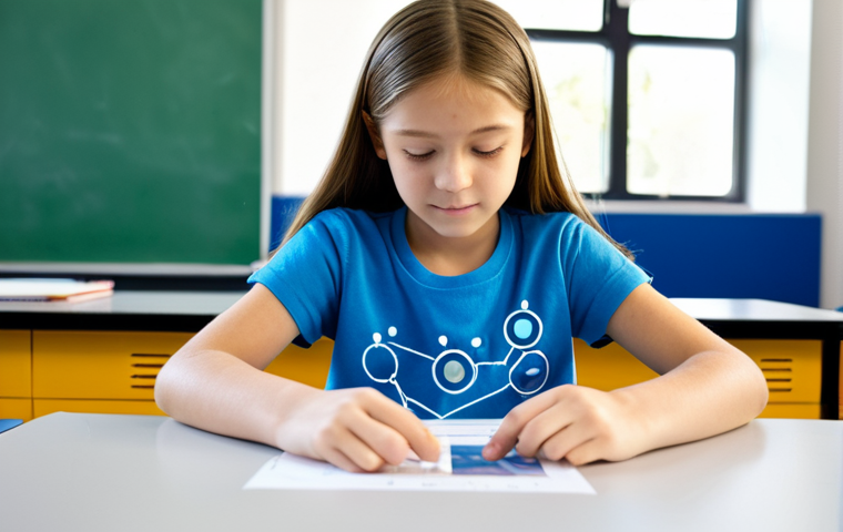 코딩교육지도사와 학습 지원 사례 - A young girl, fully clothed in a modest science-themed t-shirt and jeans, conducting a safe and simp...