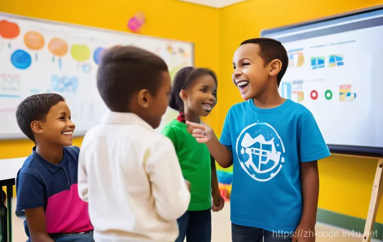 코딩교육지도사와 창의적인 학습 설계 - **Prompt:** A vibrant, close-up shot of a diverse group of 3-4 elementary school children (ages 8-11...