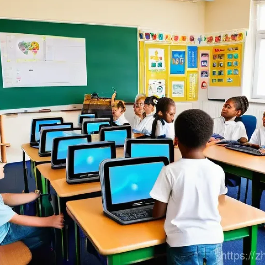 코딩교육지도사와 통합 교과형 코딩 교육 - **Prompt 1: Joyful Gamified Learning in a Vibrant Classroom**
"A diverse group of 8-10 children,...