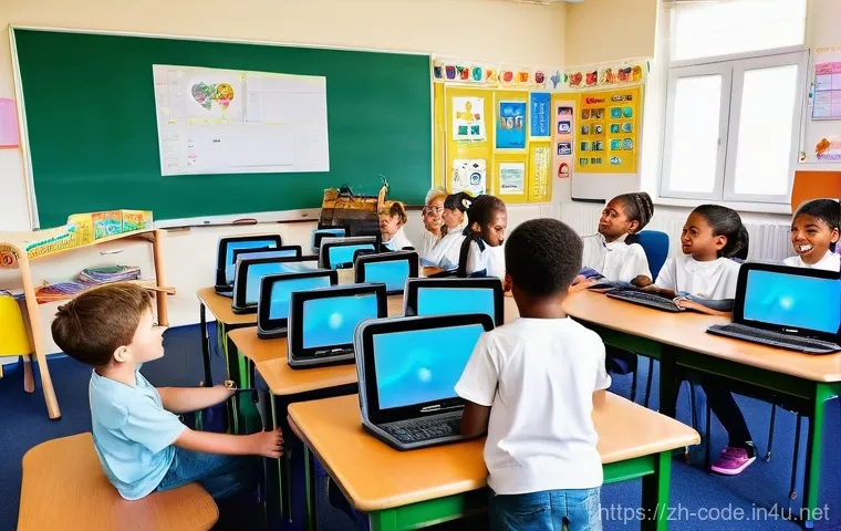 코딩교육지도사와 통합 교과형 코딩 교육 - **Prompt 1: Joyful Gamified Learning in a Vibrant Classroom**
    "A diverse group of 8-10 children,...