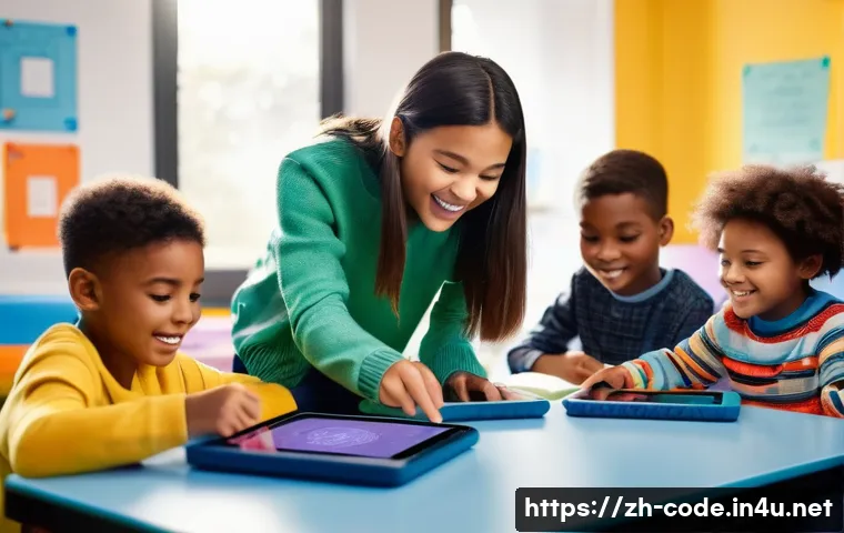 코딩교육지도사 연봉 협상 사례 - **A joyful and diverse elementary school classroom scene.** A female programming instructor, in her ...