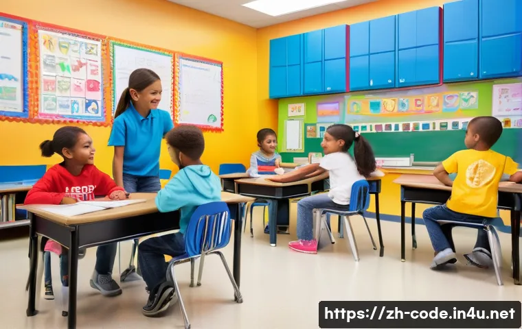 코딩교육지도사와 학습 자료 제작 사례 - **Prompt:** A vibrant and bustling elementary school classroom, bathed in warm, natural light. Diver...