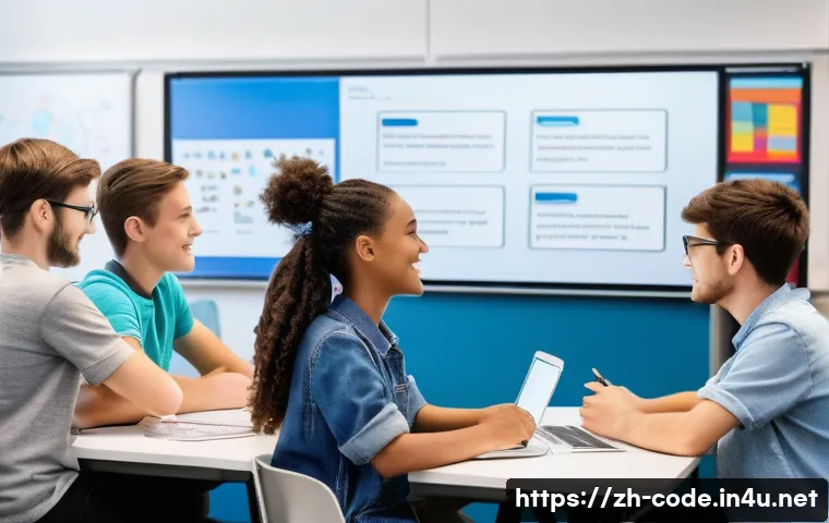 코딩교육지도사 자격증과 학습 동기 부여 - A modern classroom scene showing a diverse group of students actively engaged in a collaborative cod...