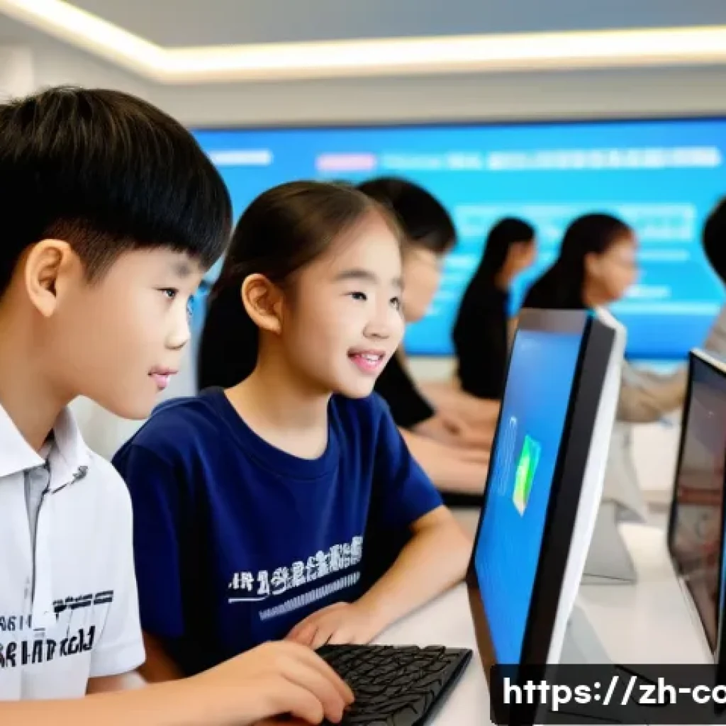 코딩교육지도사 자격증과 취업 성공 확률 - A modern classroom scene featuring a confident Chinese programming education instructor teaching a d...
