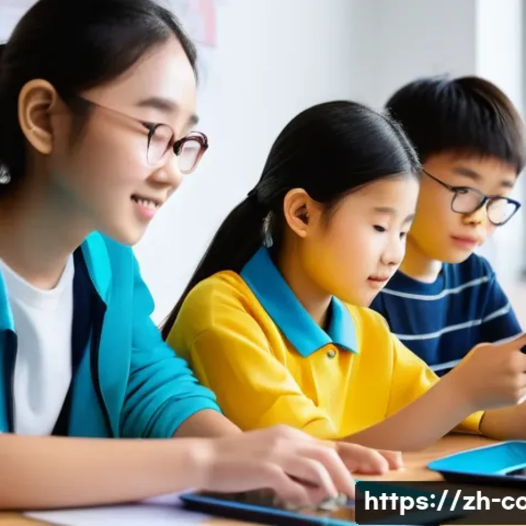코딩교육지도사와 창의적 문제 해결 교육 - A modern classroom scene with diverse Chinese students aged around 10-12 wearing casual clothes and ...