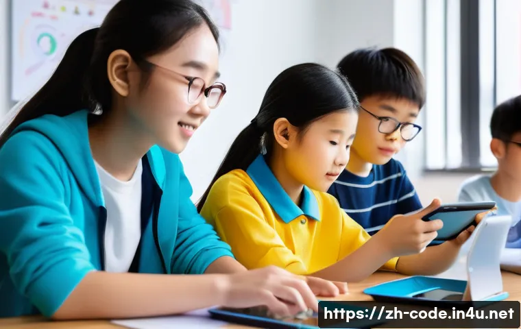코딩교육지도사와 창의적 문제 해결 교육 - A modern classroom scene with diverse Chinese students aged around 10-12 wearing casual clothes and ...