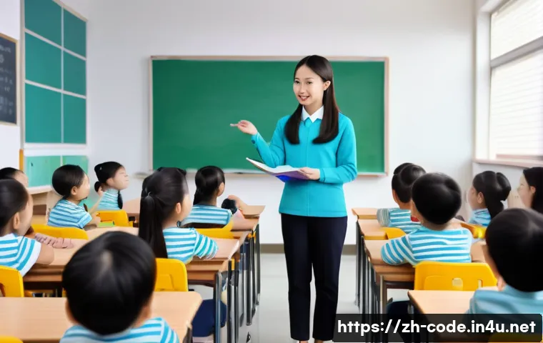 코딩교육지도사 자격증 공부에 유용한 블로그 - A modern classroom scene in a Chinese primary school setting, featuring a young female programming e...