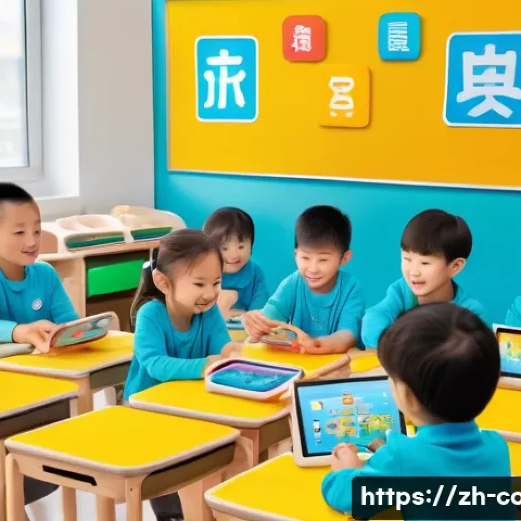코딩교육지도사 코딩 교육 사례 연구 - A vibrant classroom scene featuring young children engaged in programming with ScratchJr on tablets,...