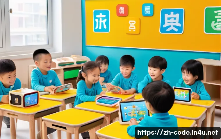코딩교육지도사 코딩 교육 사례 연구 - A vibrant classroom scene featuring young children engaged in programming with ScratchJr on tablets,...