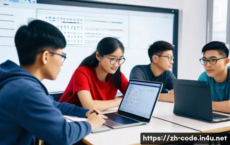 코딩교육지도사와 자격증 취득 후 경력 관리 - A modern classroom scene featuring a diverse group of young adult students attentively learning prog...