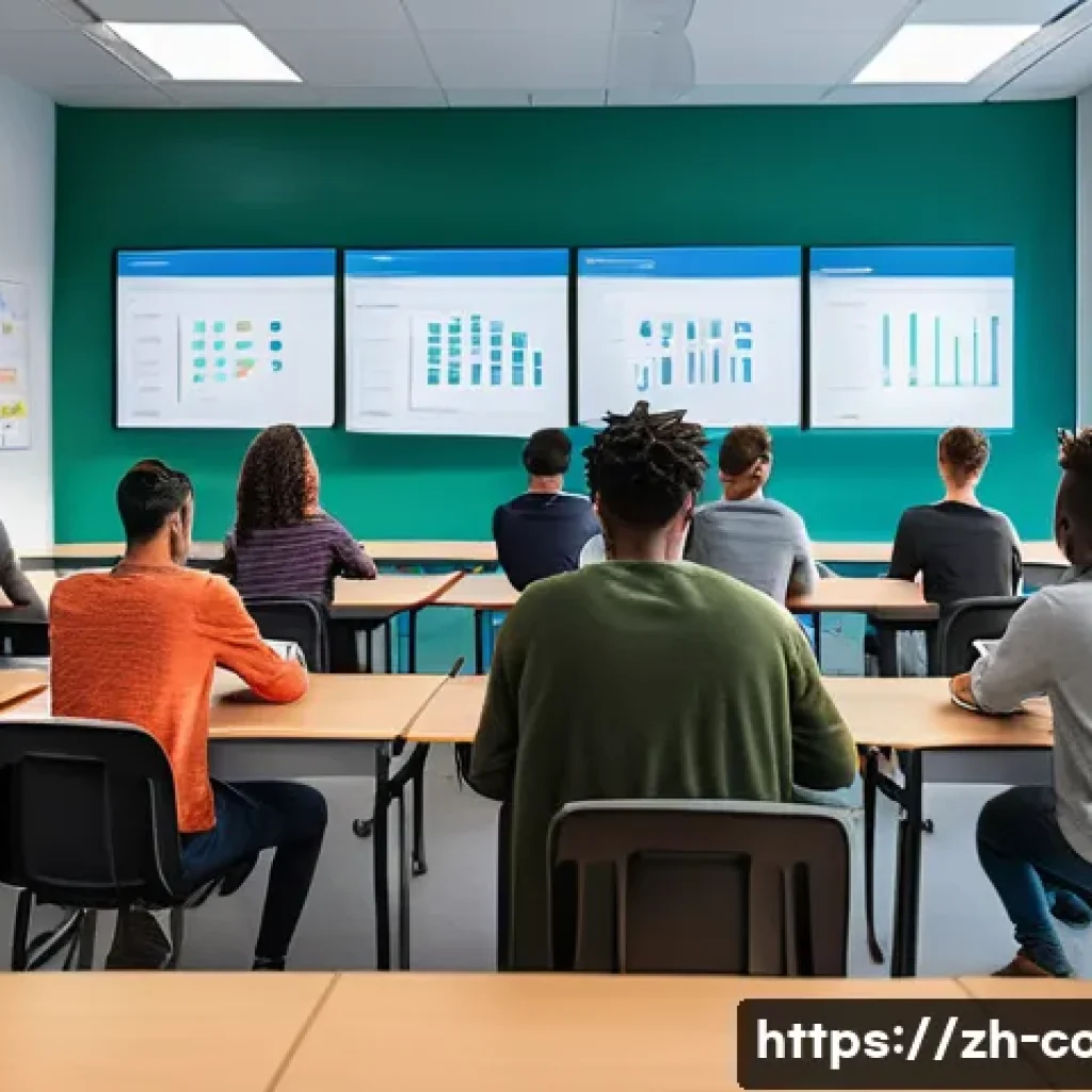 코딩교육지도사와 창업 지원 사례 - A modern digital classroom scene showing a diverse group of young adult students attentively partici...