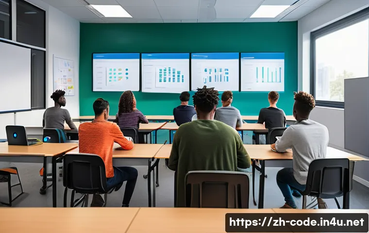 코딩교육지도사와 창업 지원 사례 - A modern digital classroom scene showing a diverse group of young adult students attentively partici...