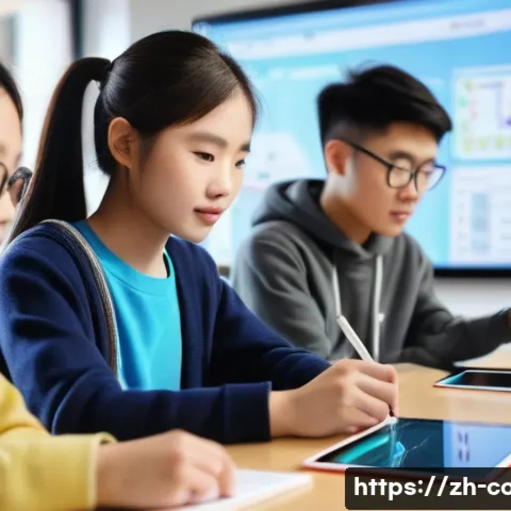 코딩교육지도사로 전직한 후기 - A modern classroom scene showing a diverse group of Chinese students engaged in a differentiated pro...