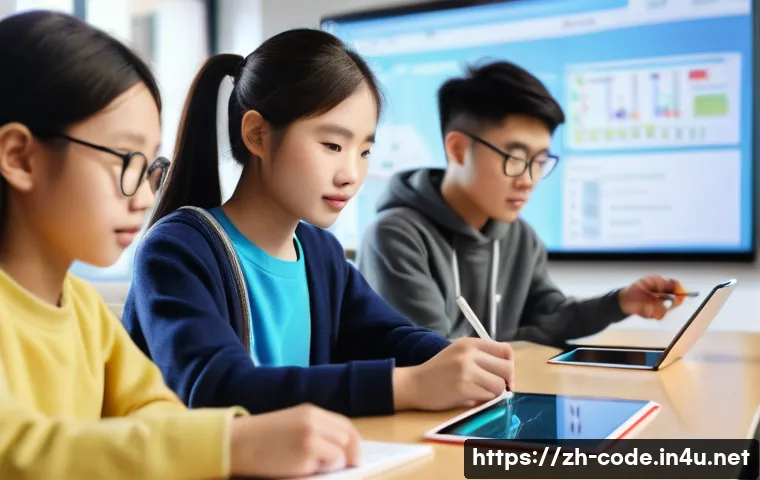 코딩교육지도사로 전직한 후기 - A modern classroom scene showing a diverse group of Chinese students engaged in a differentiated pro...
