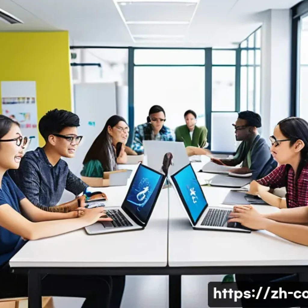 코딩교육지도사와 프리랜서 활동 사례 - A modern classroom scene showing a diverse group of young adult students collaborating enthusiastica...