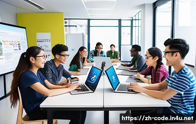코딩교육지도사와 프리랜서 활동 사례 - A modern classroom scene showing a diverse group of young adult students collaborating enthusiastica...