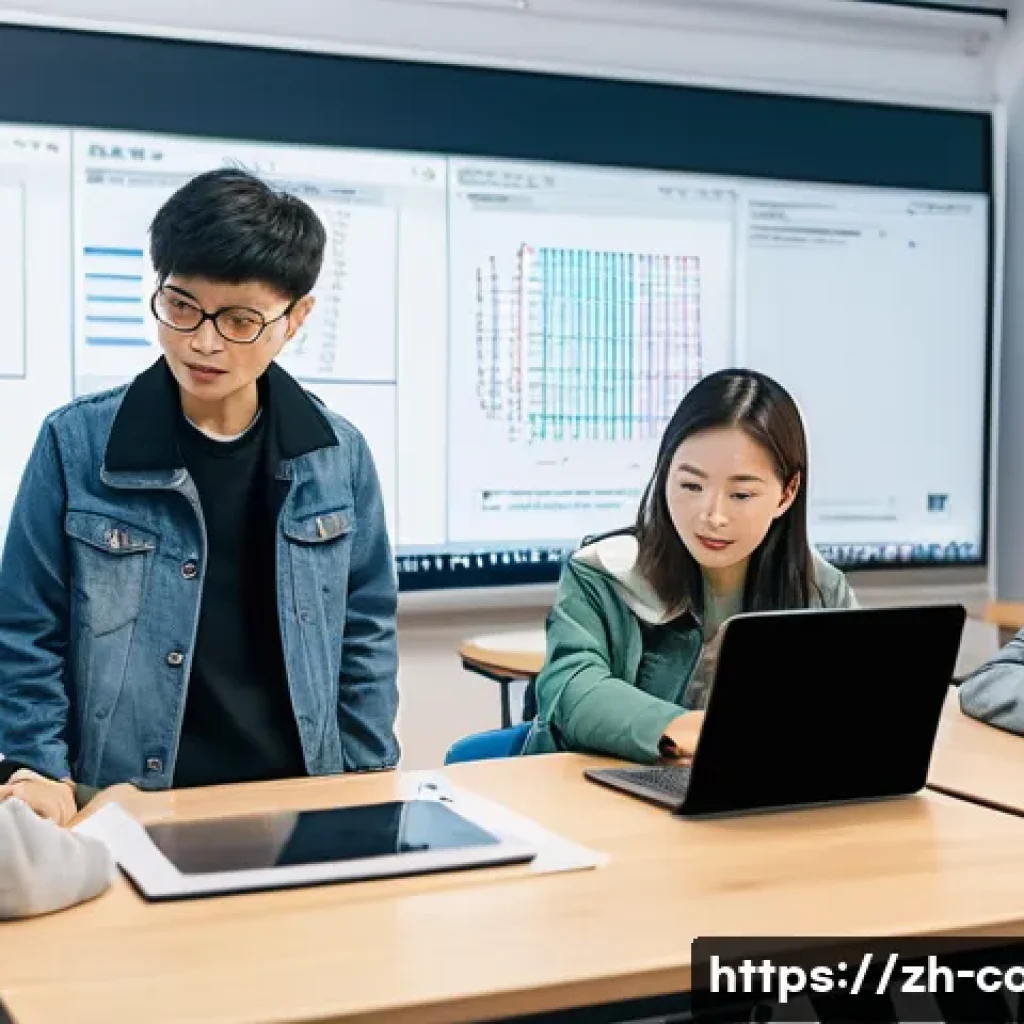코딩교육지도사와 학습 성과 평가 방법 - A modern classroom scene showing a diverse group of Chinese-speaking students actively engaged in a ...