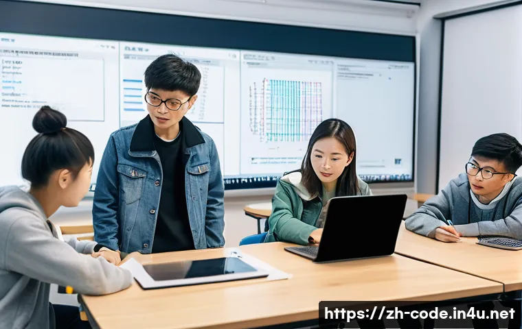 코딩교육지도사와 학습 성과 평가 방법 - A modern classroom scene showing a diverse group of Chinese-speaking students actively engaged in a ...
