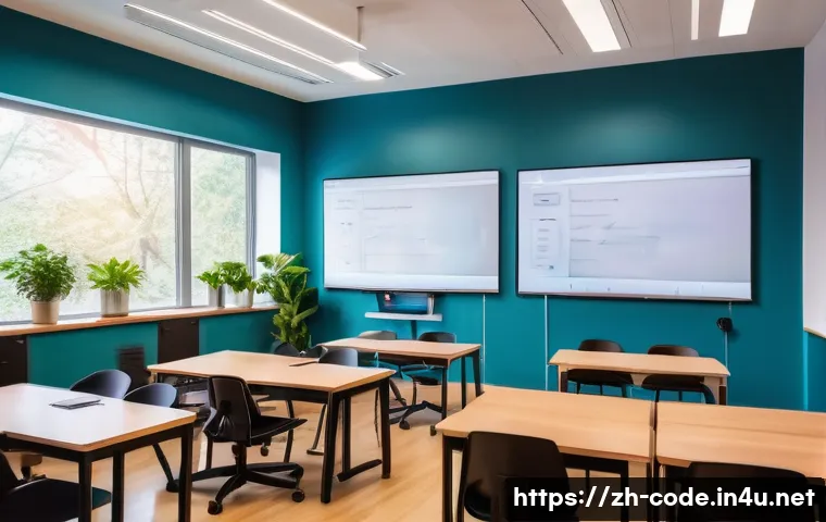 코딩교육지도사와 오프라인 강의 준비법 - A modern, spacious programming classroom with large windows allowing natural warm light to fill the ...