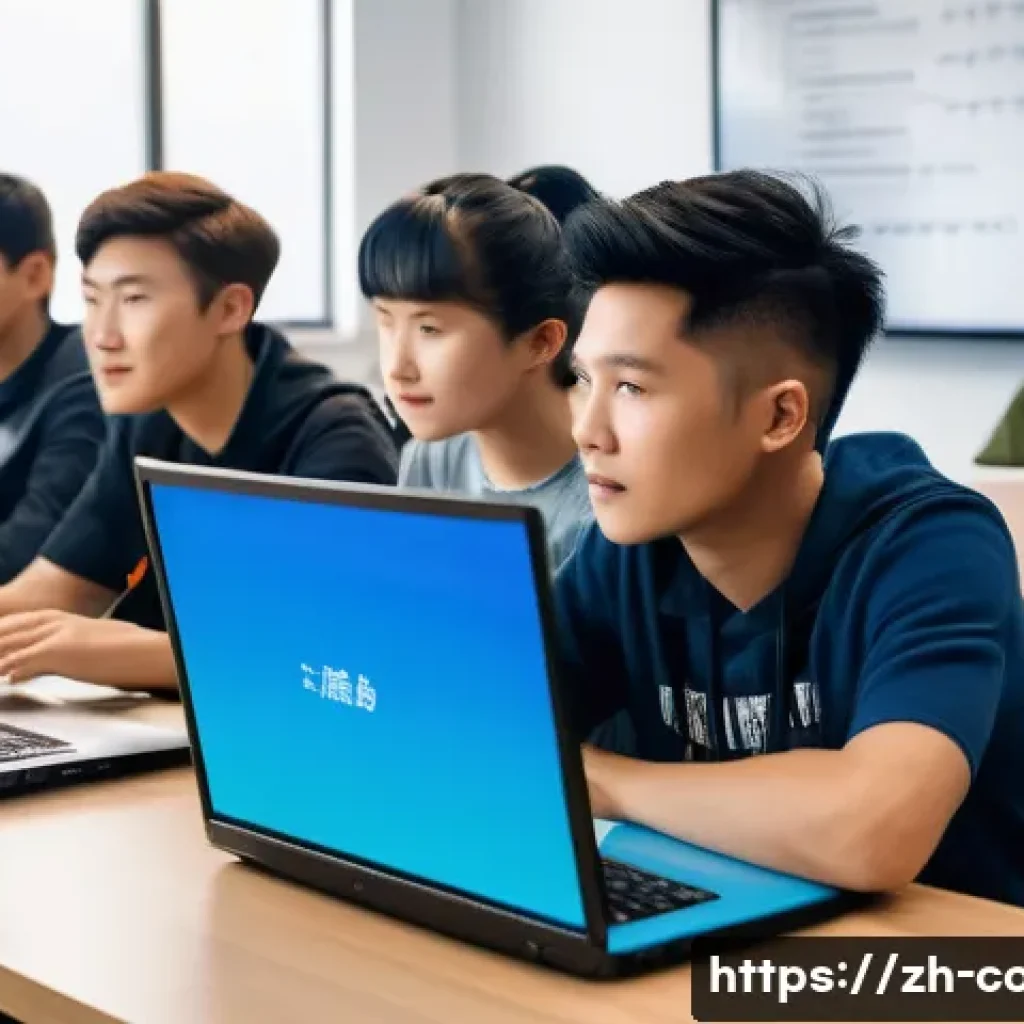 코딩교육지도사와 파이썬 기초 교육 - A modern classroom scene focused on a diverse group of young adult students learning Python programm...