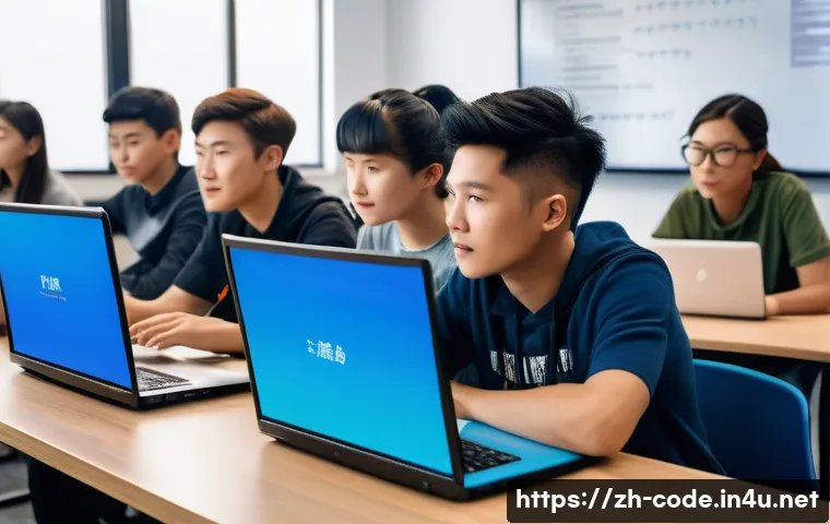 코딩교육지도사와 파이썬 기초 교육 - A modern classroom scene focused on a diverse group of young adult students learning Python programm...