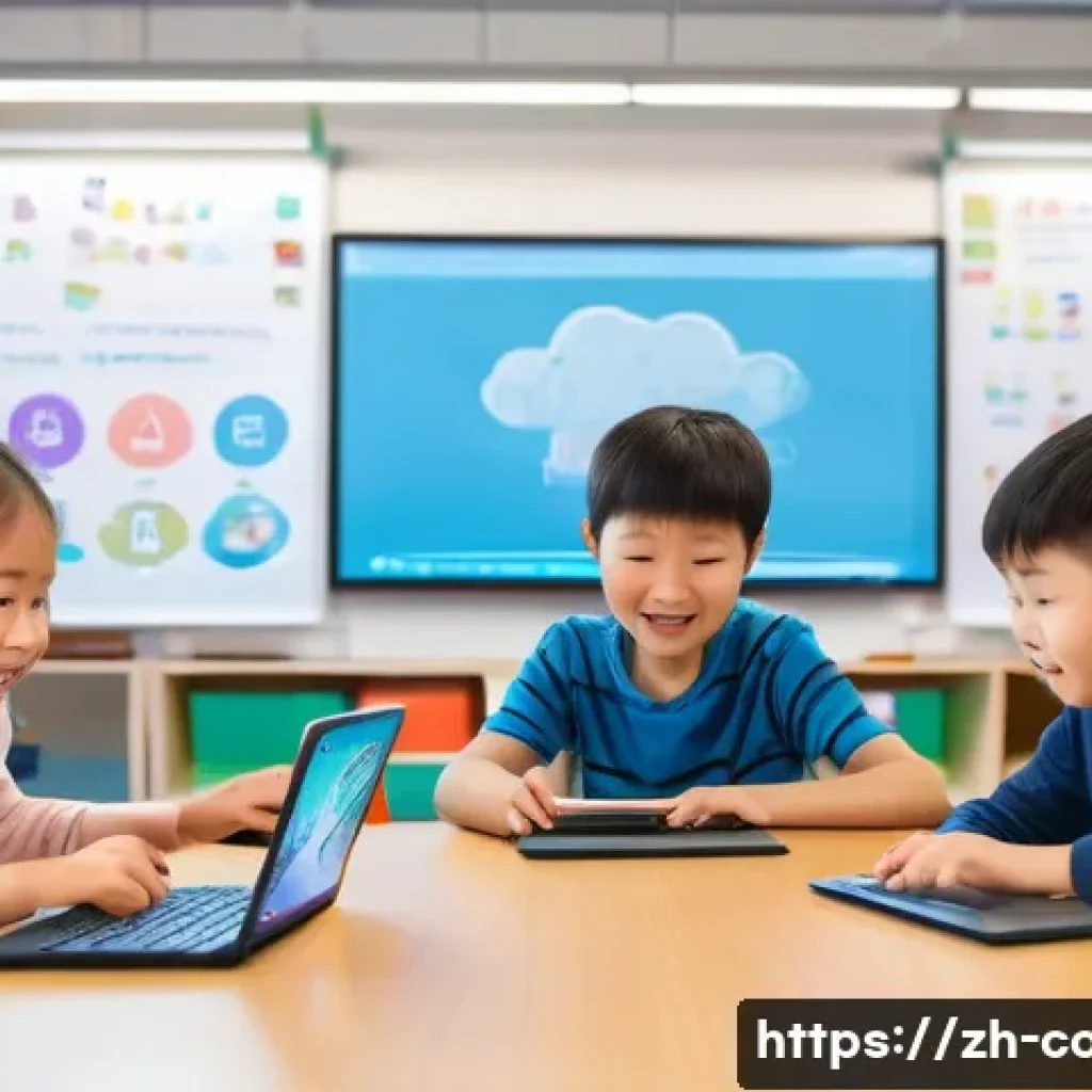 코딩교육지도사와 블록코딩 활용법 - A vibrant classroom scene featuring young Chinese children aged 6-12 enthusiastically engaged in blo...