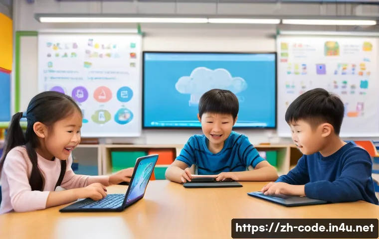 코딩교육지도사와 블록코딩 활용법 - A vibrant classroom scene featuring young Chinese children aged 6-12 enthusiastically engaged in blo...