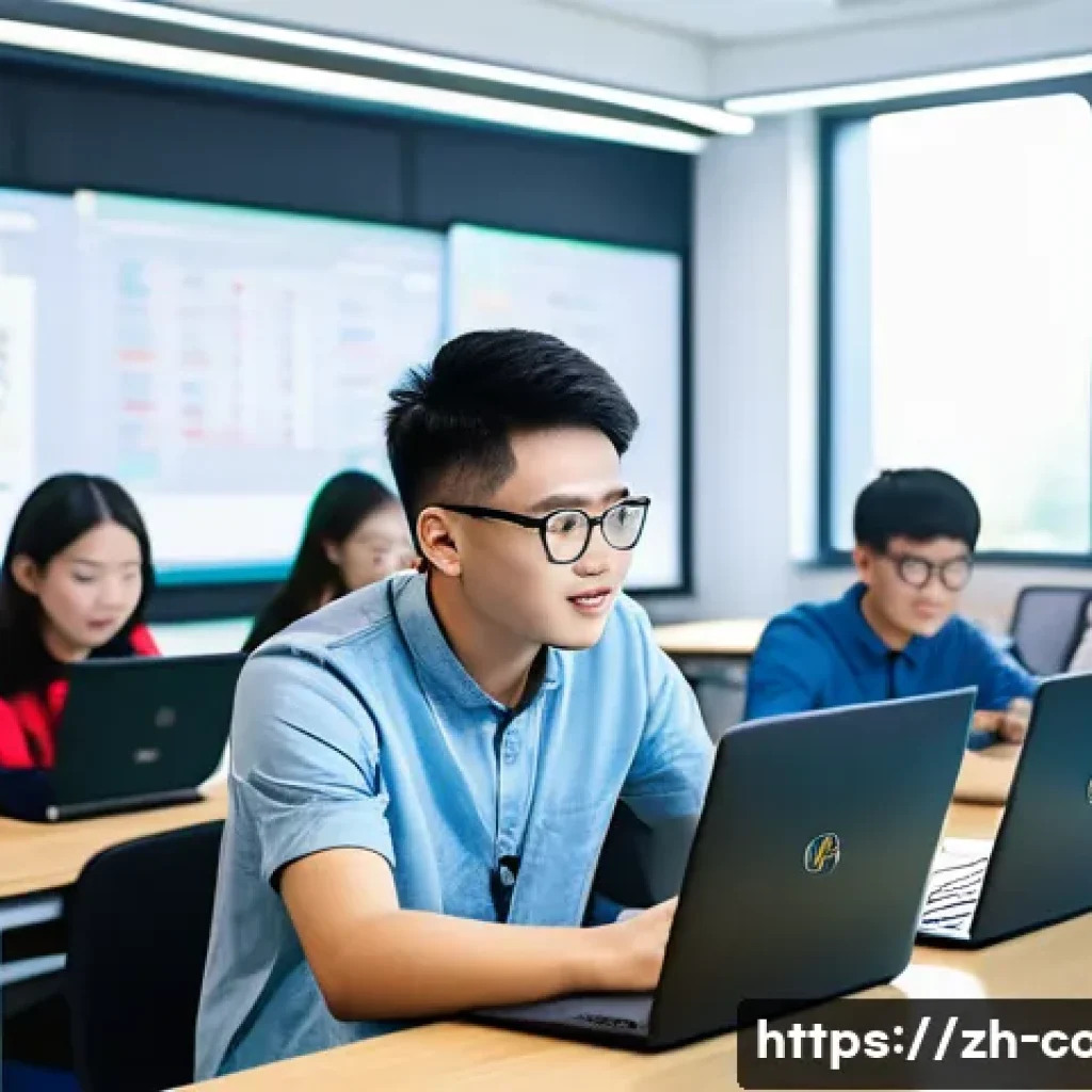 코딩교육지도사로서 연말 강의 평가 보고서 - A modern classroom scene in a Chinese high-tech university, featuring diverse young adult students c...