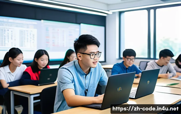 코딩교육지도사로서 연말 강의 평가 보고서 - A modern classroom scene in a Chinese high-tech university, featuring diverse young adult students c...