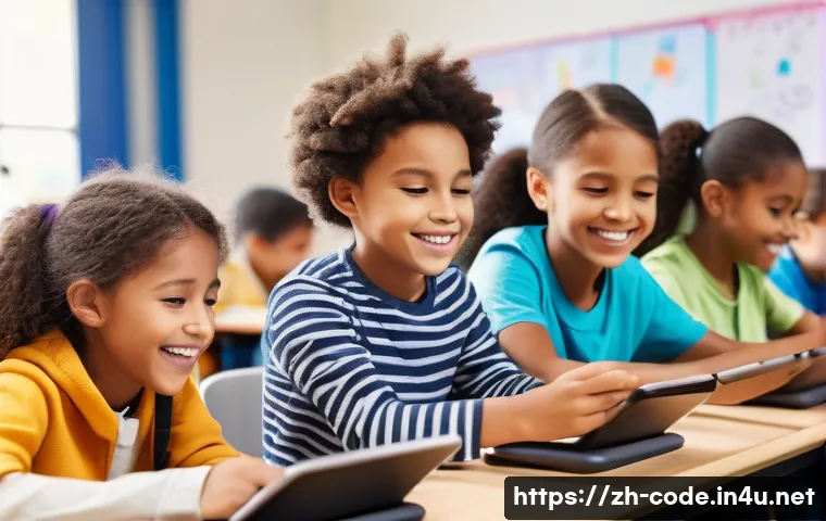 코딩교육지도사와 코딩 교육 교구 리뷰 - A bright and colorful classroom scene featuring diverse elementary-age children eagerly engaged in a...