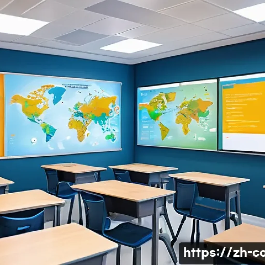 코딩교육지도사와 학습 자료 분석 사례 - A modern classroom scene showing a diverse group of young students engaged with multiple digital lea...