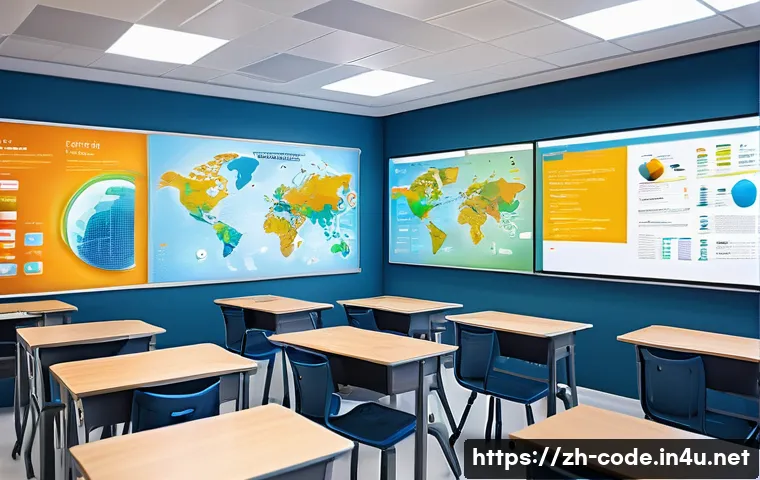 코딩교육지도사와 학습 자료 분석 사례 - A modern classroom scene showing a diverse group of young students engaged with multiple digital lea...