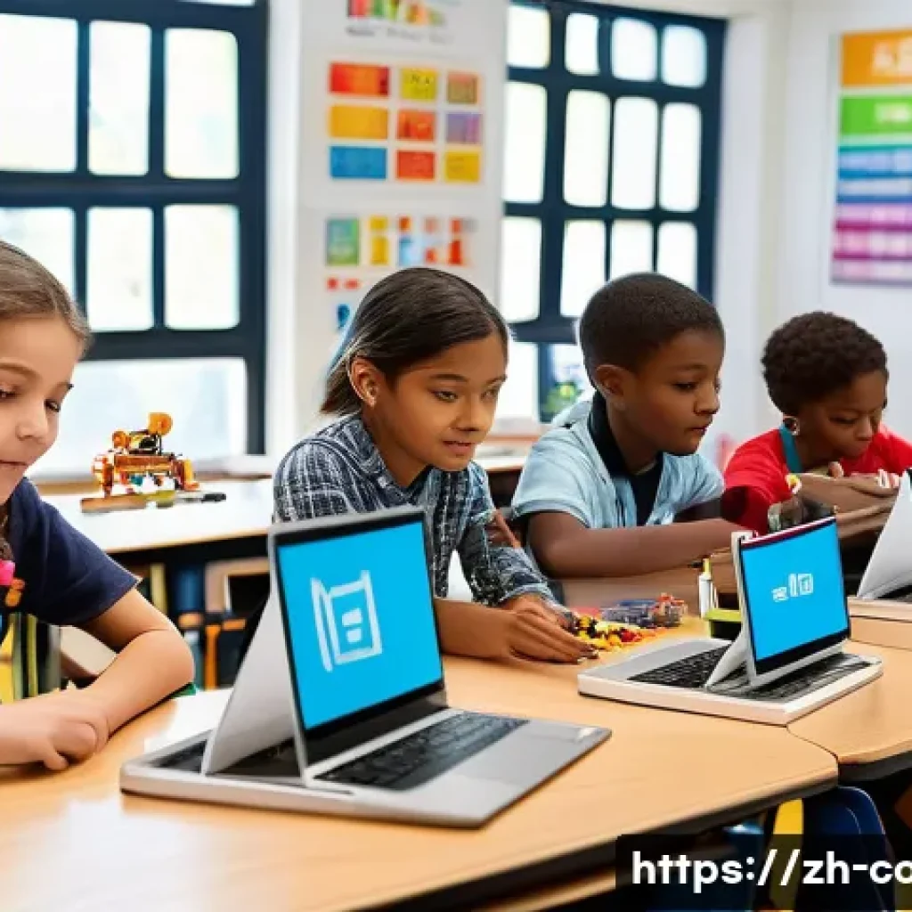 코딩교육지도사와 STEAM 교육의 연계 - A vibrant classroom scene featuring diverse children aged 6 to 12 engaged in a STEAM robotics projec...