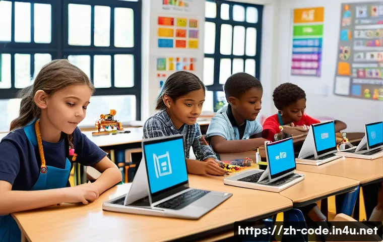 코딩교육지도사와 STEAM 교육의 연계 - A vibrant classroom scene featuring diverse children aged 6 to 12 engaged in a STEAM robotics projec...