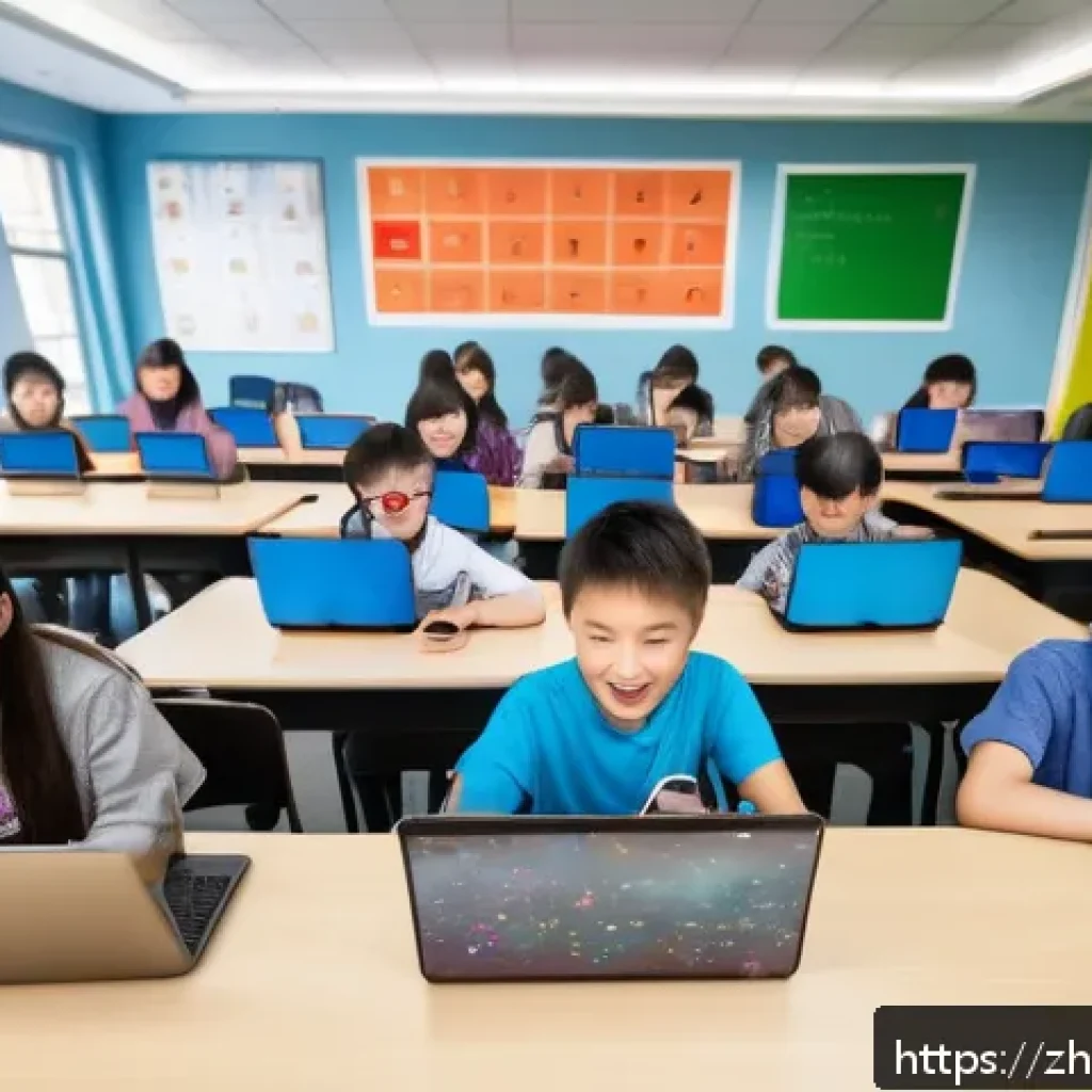 코딩교육지도사로서 데이터 분석 교육 사례 - A vibrant classroom scene showing diverse Chinese students aged around 12-15 actively engaged in a h...