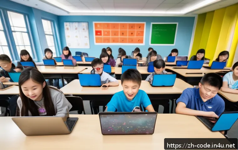 코딩교육지도사로서 데이터 분석 교육 사례 - A vibrant classroom scene showing diverse Chinese students aged around 12-15 actively engaged in a h...