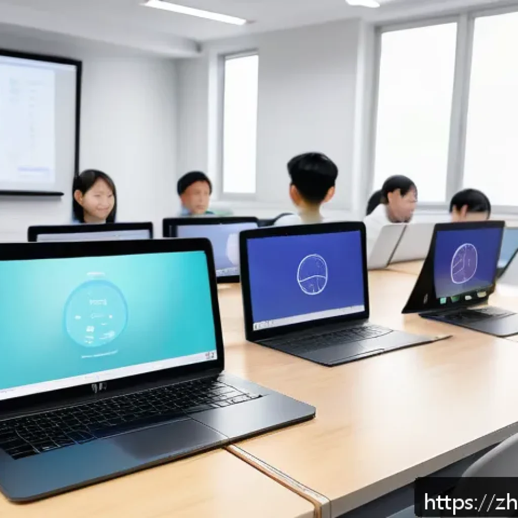 코딩교육지도사와 학습 지원 도구 사례 - A modern classroom scene with diverse Chinese students collaborating in a virtual coding session usi...